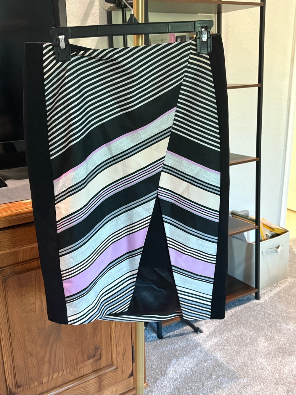 Ted Baker Black Pencil Skirt with White and Lavender Stripe Panels